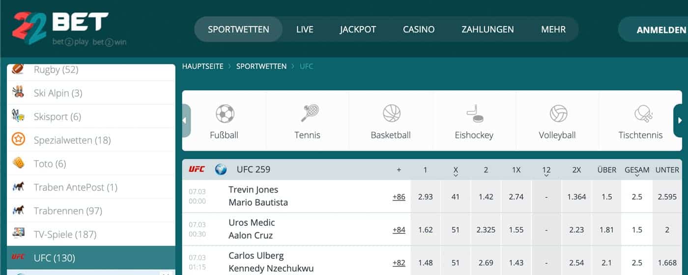 UFC Wetten 22Bet