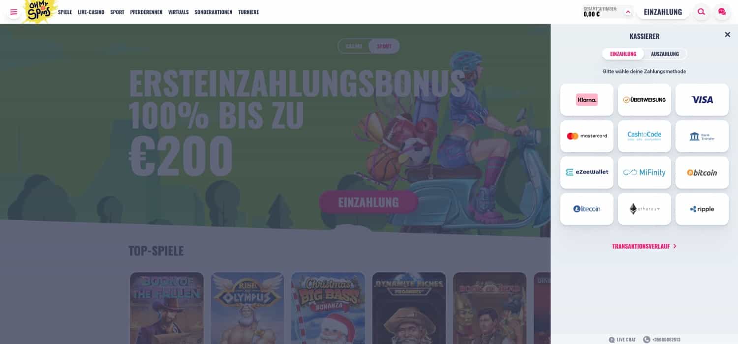OhMySpins Sportwetten Zahlungsmöglichkeiten