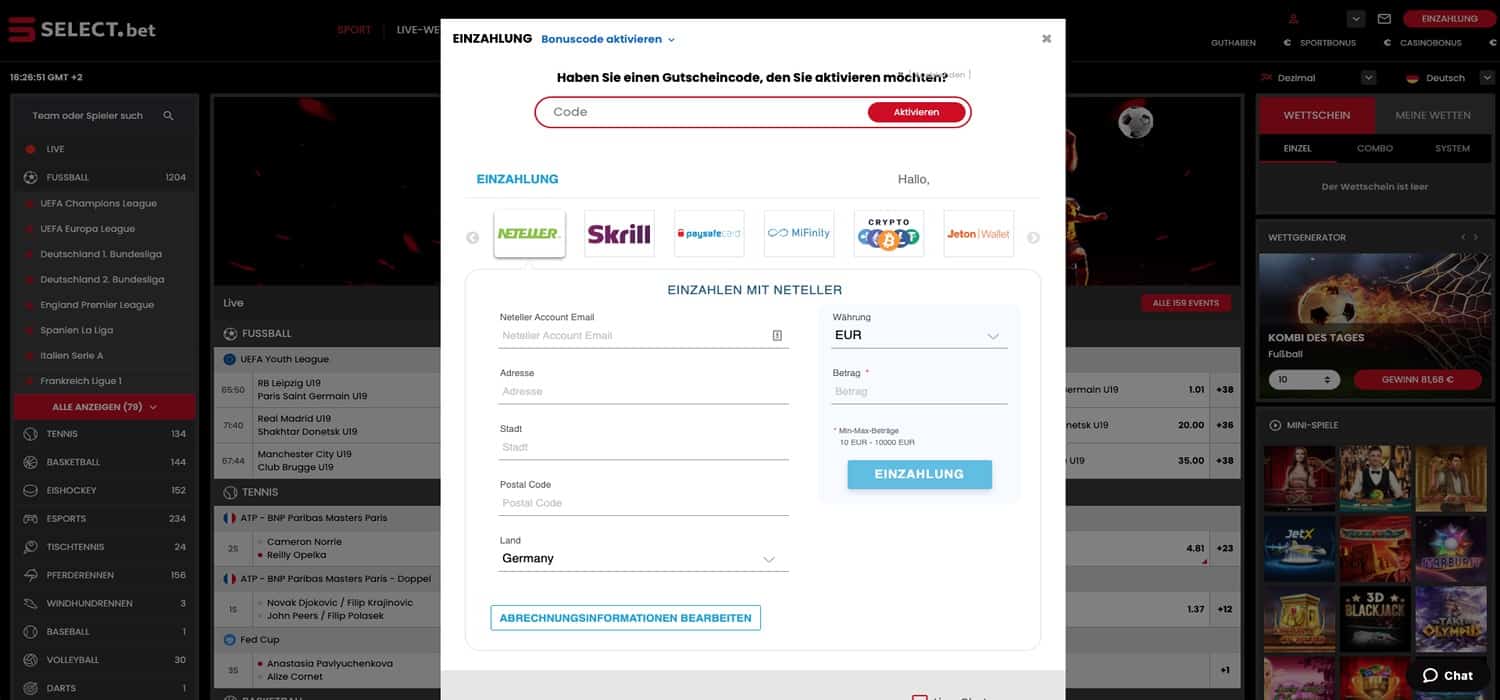 Select.Bet Zahlungsmöglichkeiten