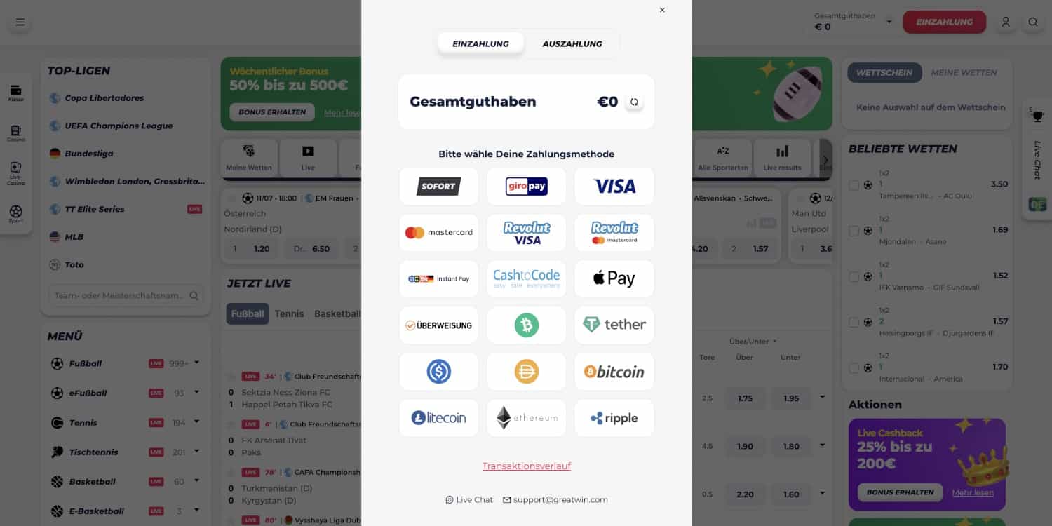Greatwin Sportwetten Zahlungen