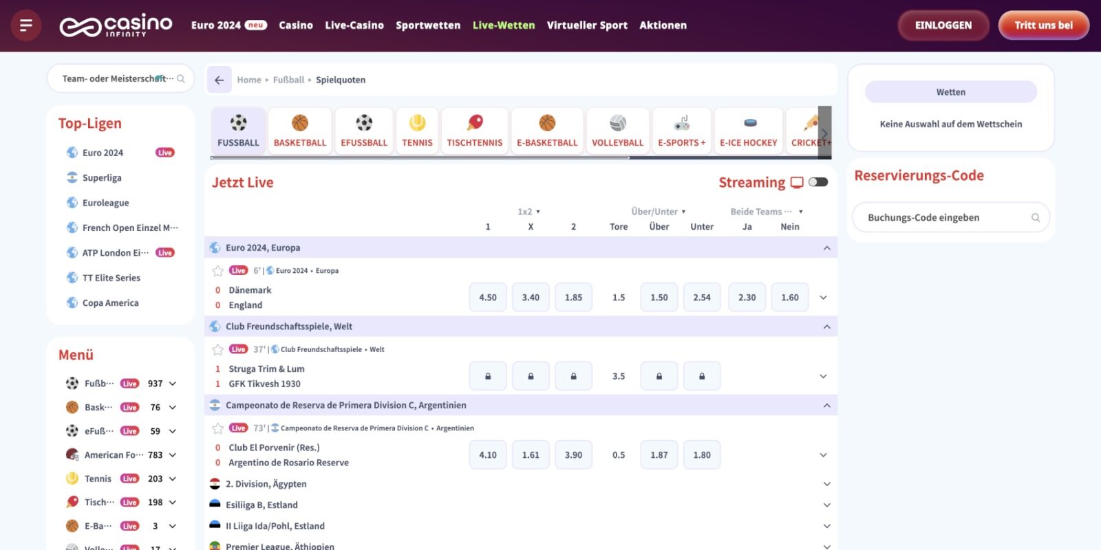 Casino Infinity Sport Live-Wetten