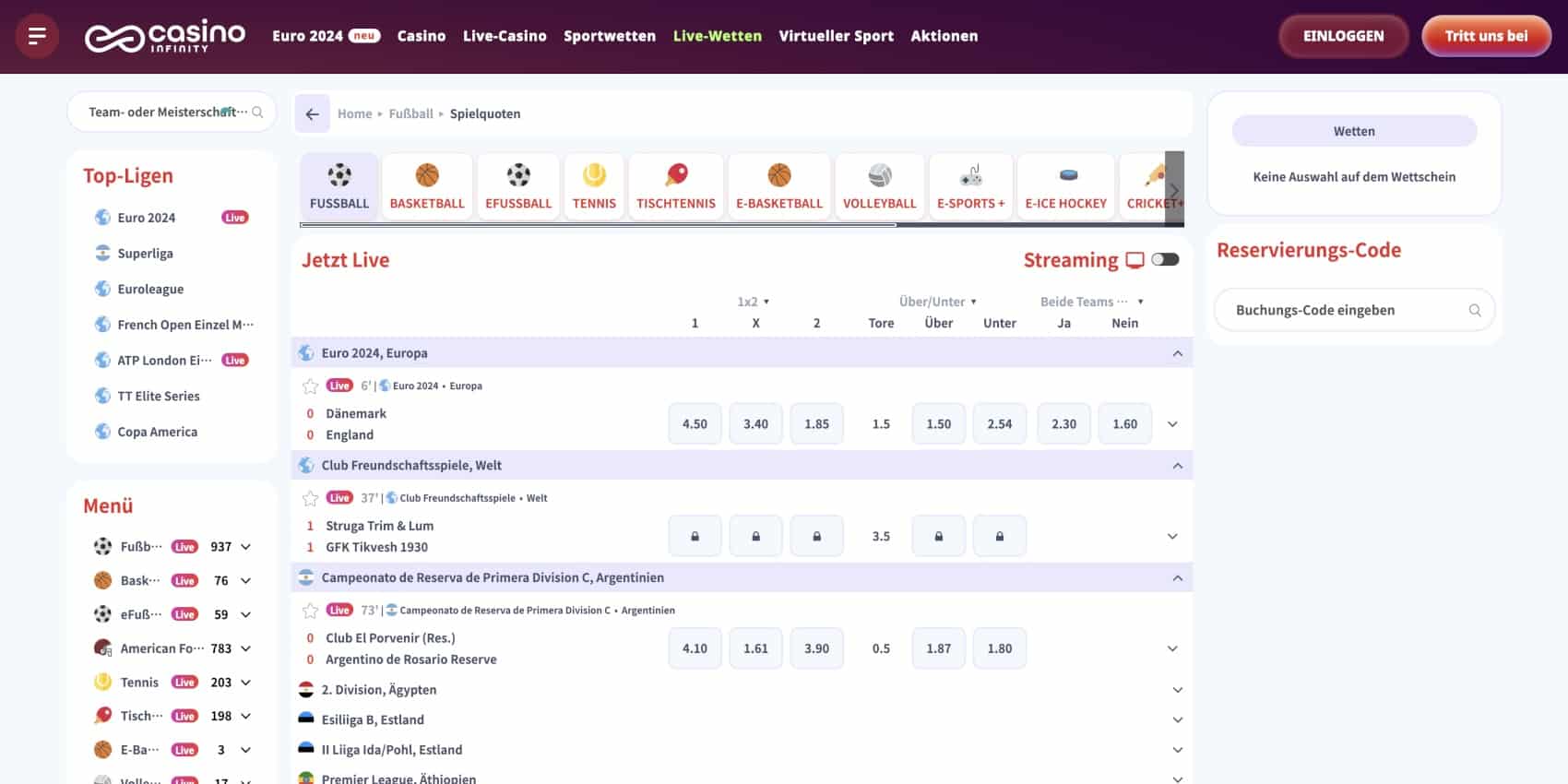 Casino Infinity Sport Live-Wetten